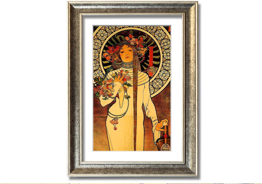 Framed print of Alphonse Mucha's La Trappistine artwork, showcasing intricate details and vibrant colors.